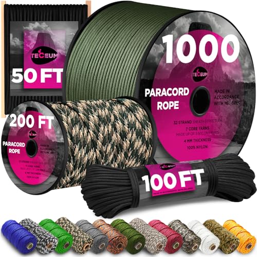 TECEUM Paracord Type IV 750 lb Black 016 50 ft 4mm Nylon Strong Tactical MILSPEC Parachute Cord Survival Rope Emergency para Cord 11 Strands Core EDC Camping Hiking Military Gear 016a n - Image 1