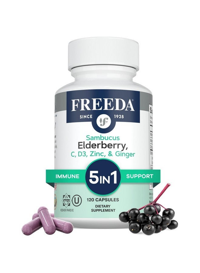 FREEDA Sambucus Elderberry with Vitamin C, Zinc, Vitamin D3 & Ginger - 5 in 1 Herbal Antioxidant Immune Support Supplement for Women & Men - Gluten Free Adult Elderberry Capsules, USA Made (120 Count) - Image 1