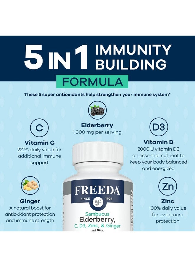 FREEDA Sambucus Elderberry with Vitamin C, Zinc, Vitamin D3 & Ginger - 5 in 1 Herbal Antioxidant Immune Support Supplement for Women & Men - Gluten Free Adult Elderberry Capsules, USA Made (120 Count) - Image 3