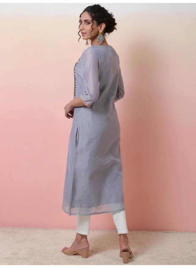 AKS Grey Chanderi Embroidered Straight Kurta