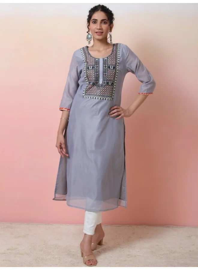 أيه كيه إس Grey Chanderi Embroidered Straight Kurta