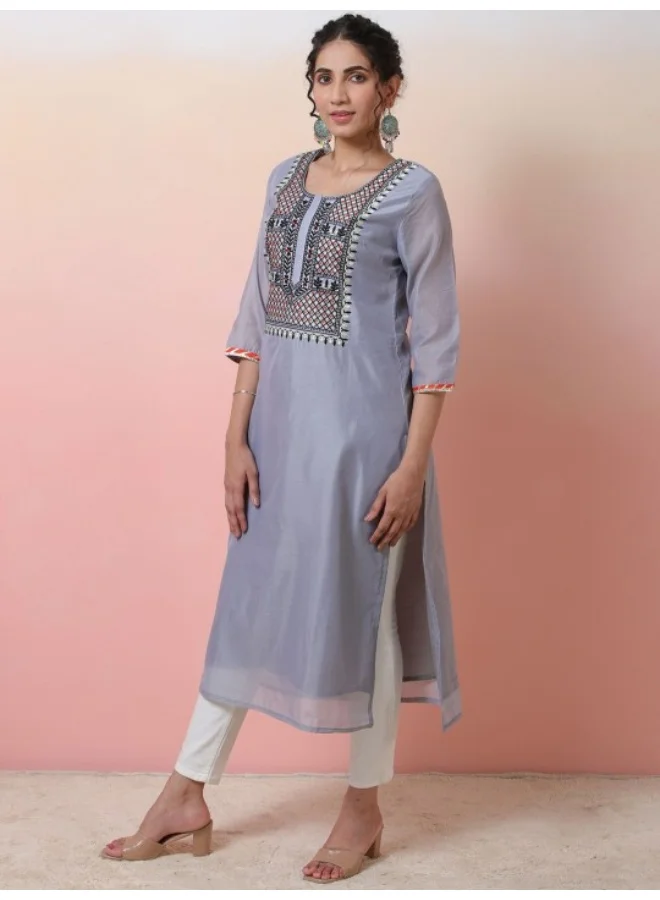 AKS Grey Chanderi Embroidered Straight Kurta