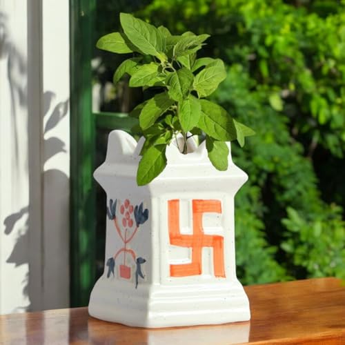 ecofynd 6 inches Tulsi Ceramic Plant Pots, Small Clay Flower Pot, Decorative Modern Indoor Planters, Home Garden Decor for Living Room Bedroom Interior (CPOT016-IVR) - Image 1