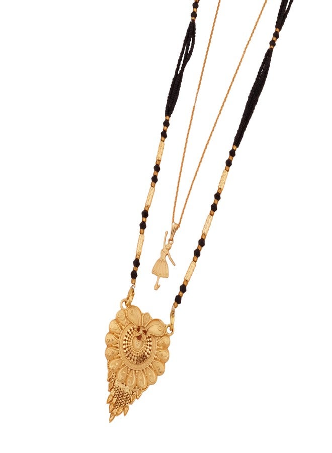 MALKYN Women's Gold Plated Peacock Motif Mangalsutra and Ballerina Pendant Layered Necklace Set, Traditional Indian Black Beaded Jewelry for Wedding and Festive Outfit-MD-023 - Image 1