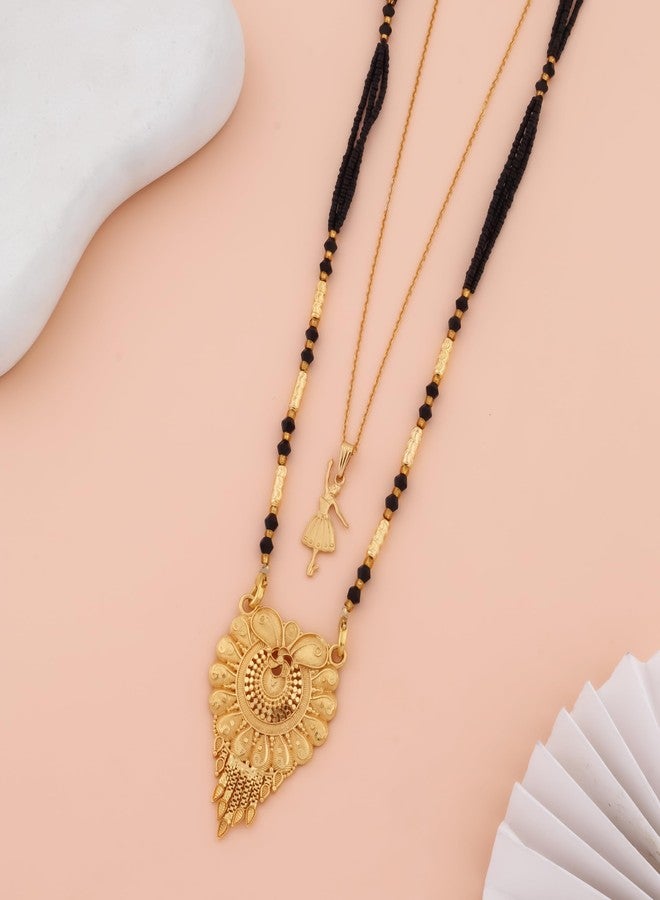 MALKYN Women's Gold Plated Peacock Motif Mangalsutra and Ballerina Pendant Layered Necklace Set, Traditional Indian Black Beaded Jewelry for Wedding and Festive Outfit-MD-023 - Image 2