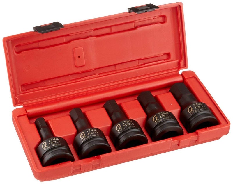 SUNEX TOOLS 4507 34 Inch Drive Impact Hex Driver Set 5Piece Metric 14mm24mm CrMo Steel Dual Size Markings Heavy Duty Storage Case