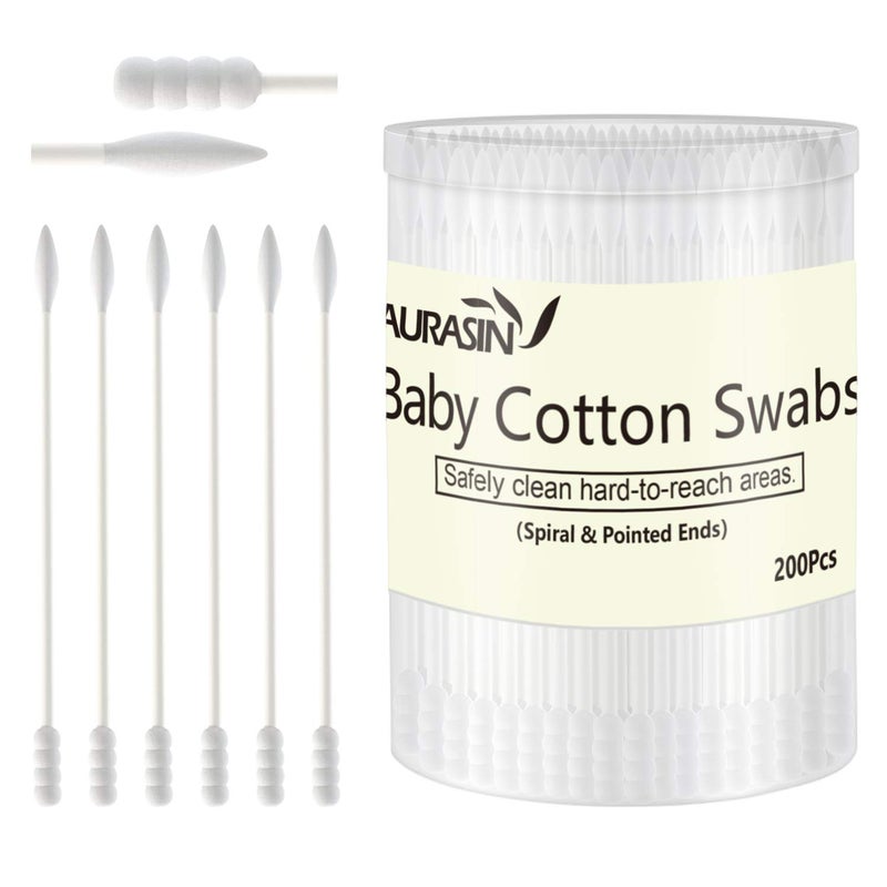 Aurasin Baby Cotton Swabs, Paper Sticks Cotton Buds for Baby Ear Nose Clean-200Pcs(Spiral and Pointed) - Image 1