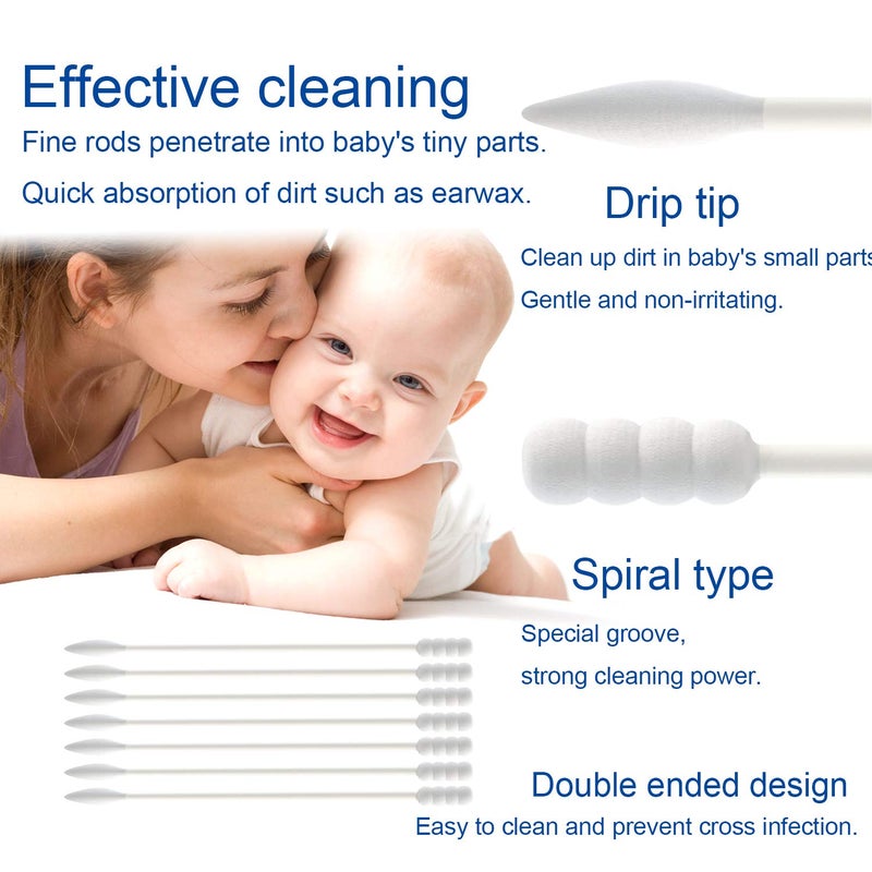Aurasin Baby Cotton Swabs, Paper Sticks Cotton Buds for Baby Ear Nose Clean-200Pcs(Spiral and Pointed) - Image 3