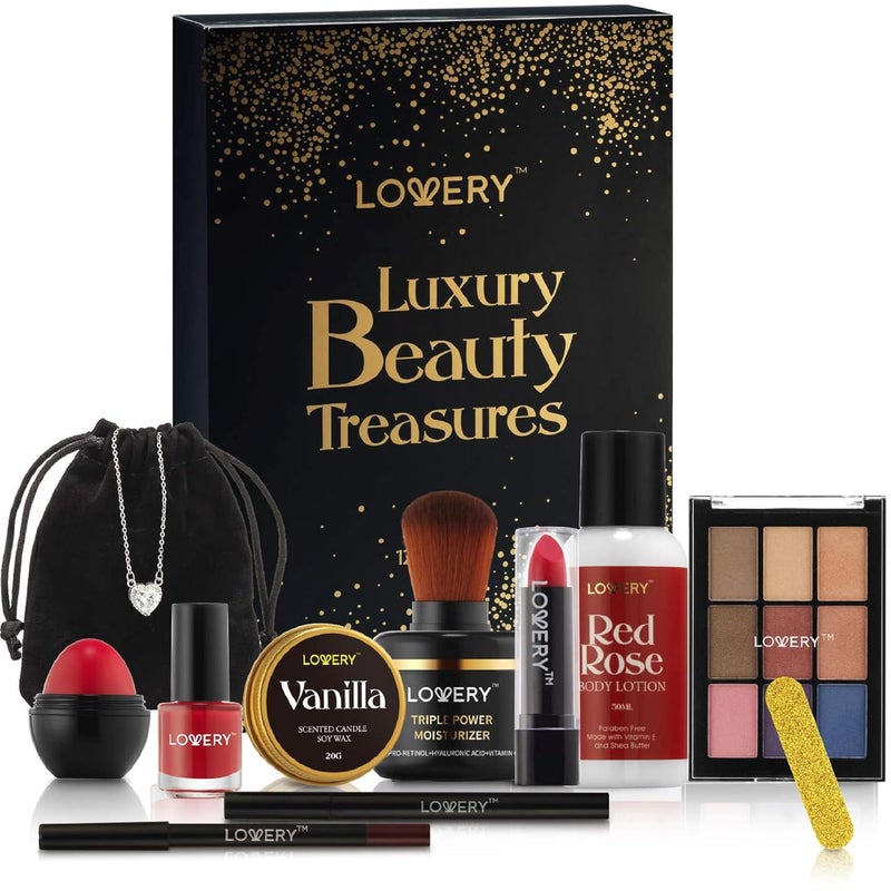 LOVERY Birthday Gifts for Her Beauty Treasures 12 Day Makeup Gift Set Birthday Gift Box With Womens Skincare and Makeup Surprises Gifts for Women with Unique Surprises - Image 1