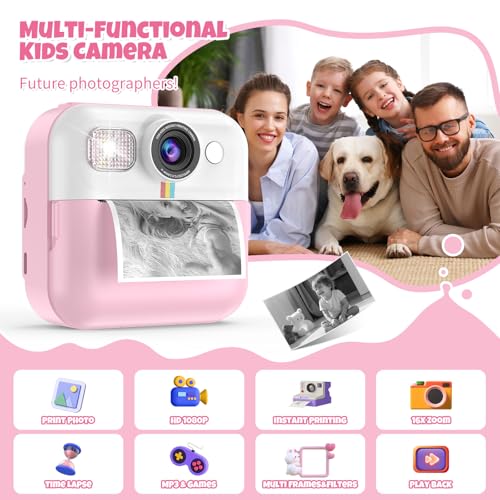 BOFIDAR Instant Print Camera for Kids, Christmas Birthday Gifts for Girls Age 3-10, Toddler Toy for 3 4 5 6 7 8 9 10 Year Old Girls with 3 Roller Photo Paper (Pink) - Image 2