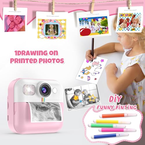 BOFIDAR Instant Print Camera for Kids, Christmas Birthday Gifts for Girls Age 3-10, Toddler Toy for 3 4 5 6 7 8 9 10 Year Old Girls with 3 Roller Photo Paper (Pink) - Image 4