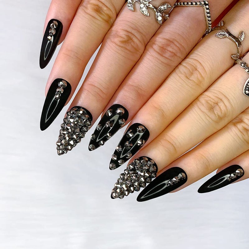 Morily 24pcs Fake Nails Black with Rhinestones Luxury Pure Color Medium Long Stiletto Almond Press on Nail False Tips Artificial Finger Manicure for Women (Glossy Crystal) - Image 1