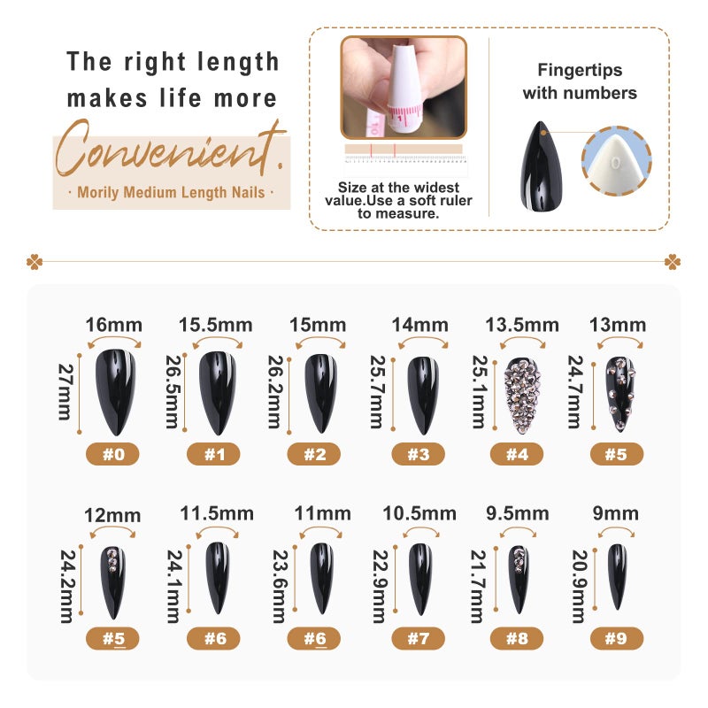 Morily 24pcs Fake Nails Black with Rhinestones Luxury Pure Color Medium Long Stiletto Almond Press on Nail False Tips Artificial Finger Manicure for Women (Glossy Crystal) - Image 3
