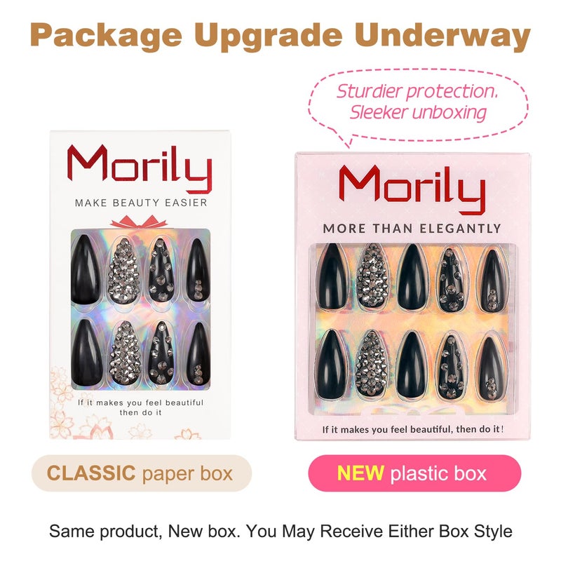 Morily 24pcs Fake Nails Black with Rhinestones Luxury Pure Color Medium Long Stiletto Almond Press on Nail False Tips Artificial Finger Manicure for Women (Glossy Crystal) - Image 4