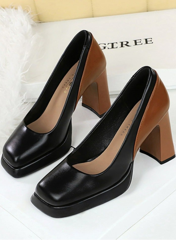 BIGTREE Womens Platform Chunky High Heel Square Closed Toe Pumps Black/Brown - Image 1