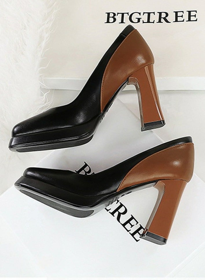 BIGTREE Womens Platform Chunky High Heel Square Closed Toe Pumps Black/Brown - Image 3