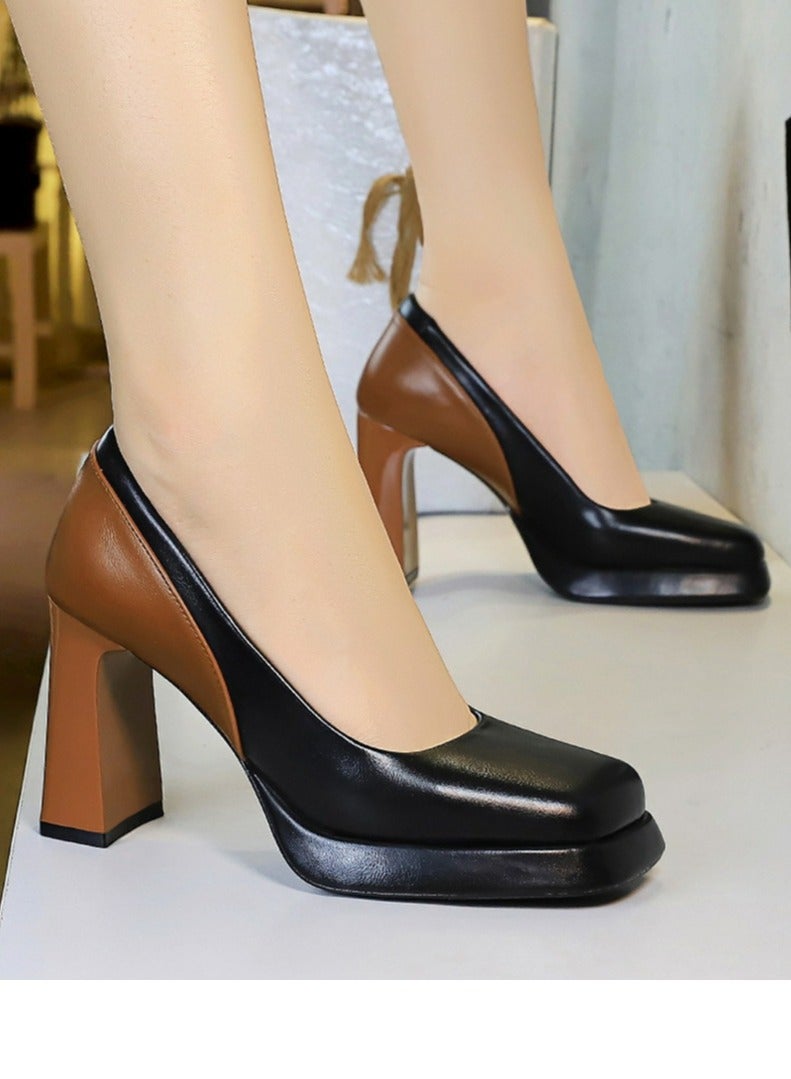 BIGTREE Womens Platform Chunky High Heel Square Closed Toe Pumps Black/Brown - Image 4