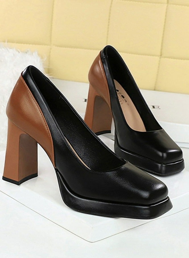 BIGTREE Womens Platform Chunky High Heel Square Closed Toe Pumps Black/Brown - Image 2