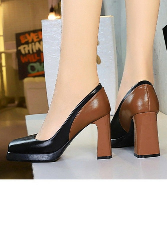 BIGTREE Womens Platform Chunky High Heel Square Closed Toe Pumps Black/Brown - Image 5