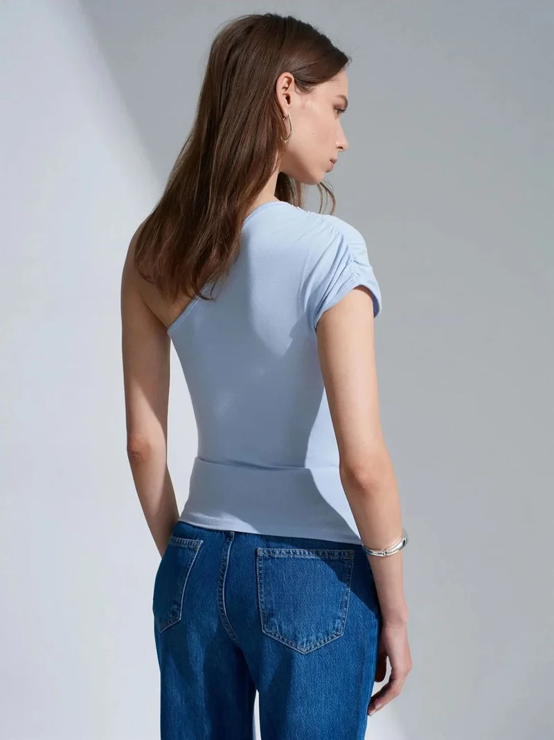 Dilvin Dilvin Slim Fit Off-Shoulder Jersey Blouse With Tie Detail