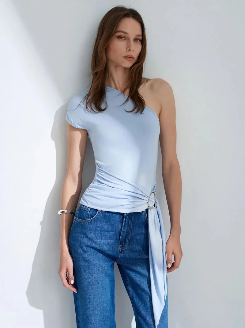 Dilvin Dilvin Slim Fit Off-Shoulder Jersey Blouse With Tie Detail