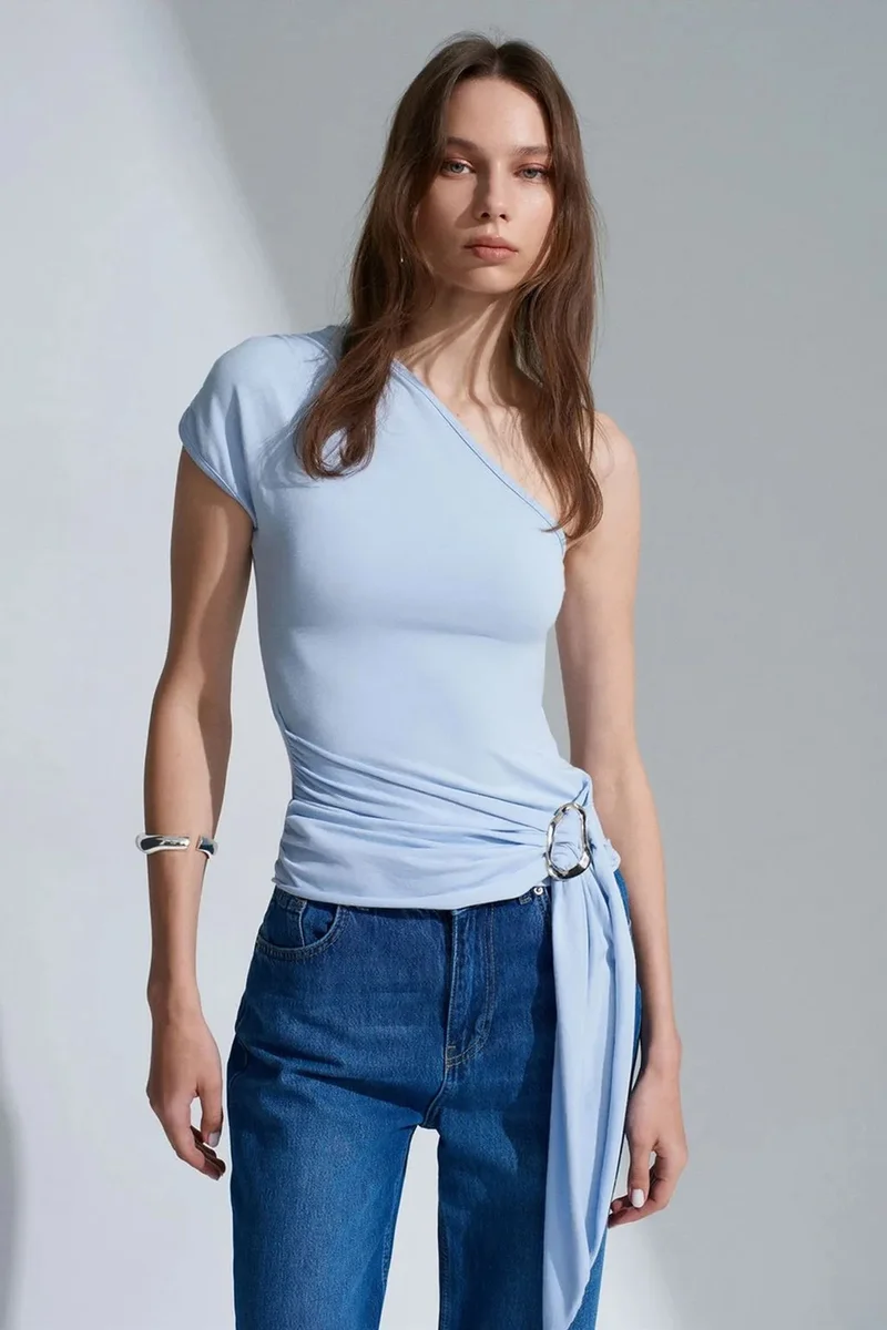 Dilvin Baby Blue DILVIN Asymmetrical Tie Detail Blouse for Women | Best Price UAE