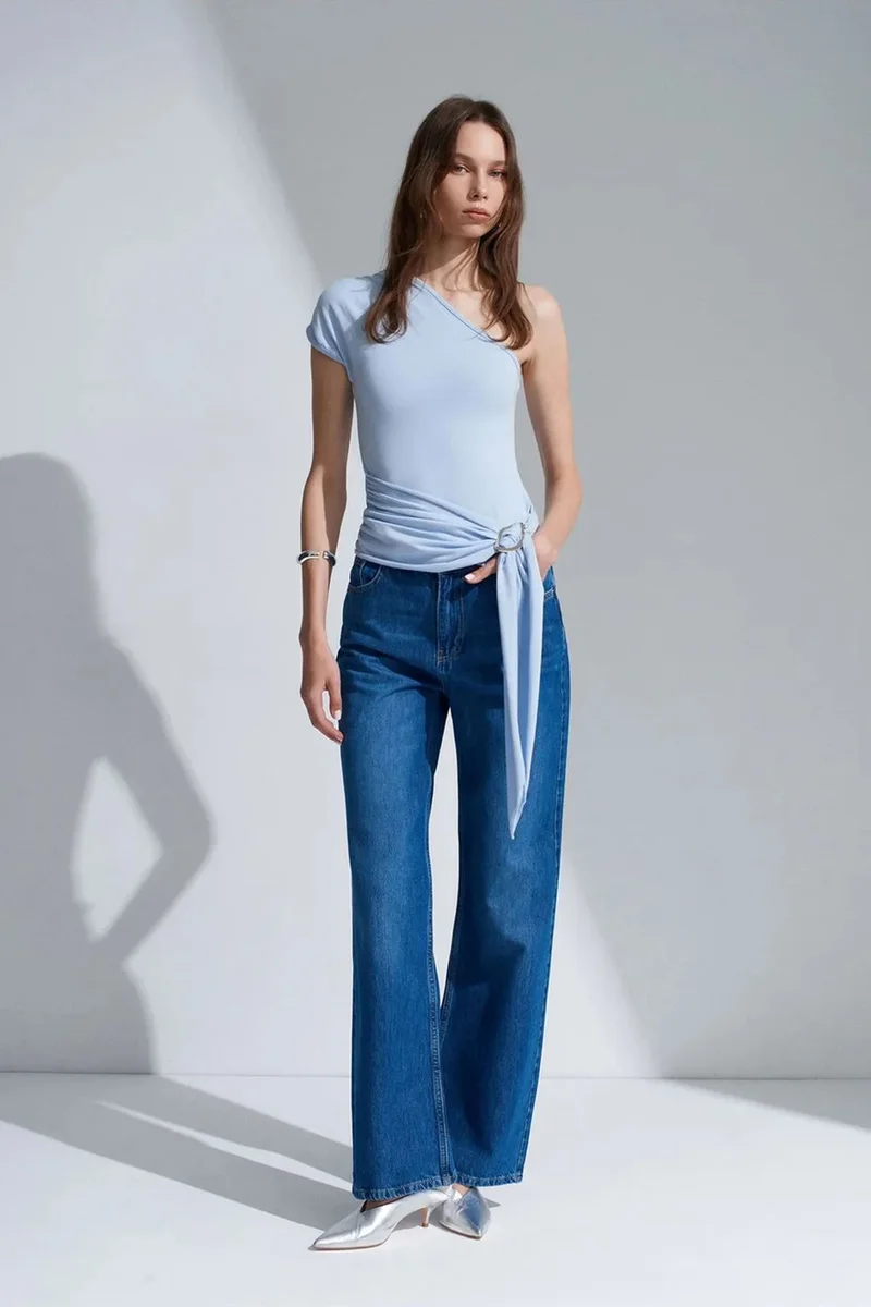 Dilvin Baby Blue DILVIN Asymmetrical Tie Detail Blouse for Women | Best Price UAE
