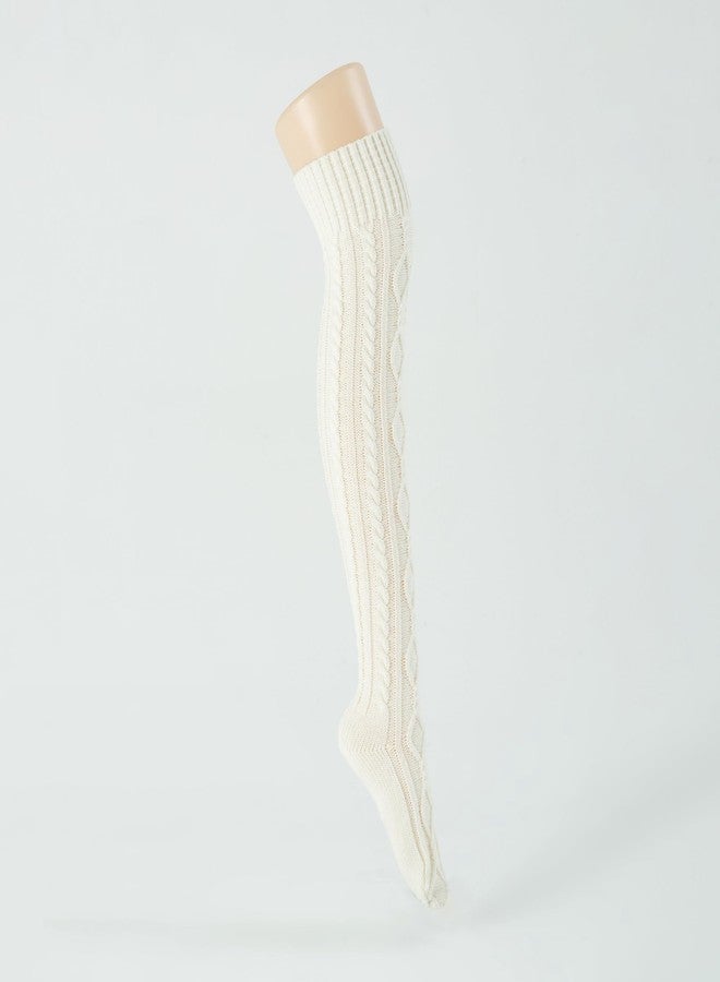 Bestjybt Women's Cable Knit Thigh High Socks Over the Knee Boot Socks Long Thick Winter Stockings Leg Warmers (US, Alpha, One Size, Regular, Regular, White) - Image 2
