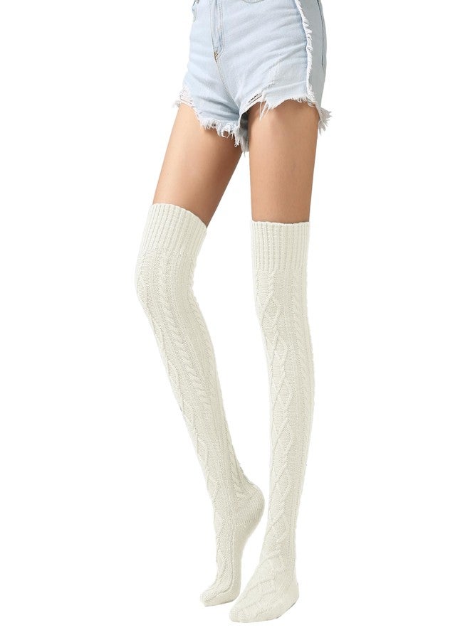 Bestjybt Women's Cable Knit Thigh High Socks Over the Knee Boot Socks Long Thick Winter Stockings Leg Warmers (US, Alpha, One Size, Regular, Regular, White) - Image 1