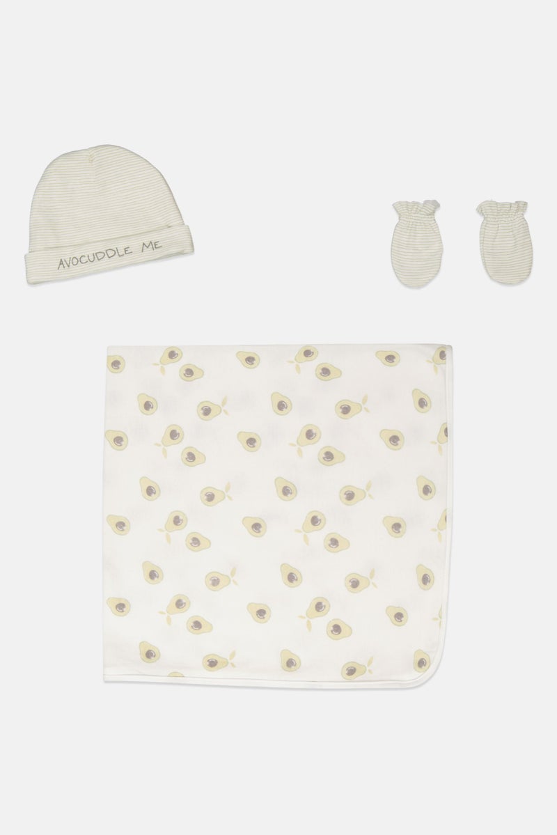 Rabbit + Bear 3 Pieces Blanket And Mitten With Bonnet Set, White/Mint  - Image 1