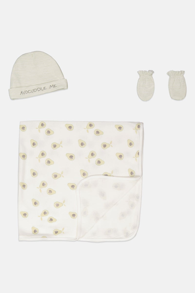 Rabbit + Bear 3 Pieces Blanket And Mitten With Bonnet Set, White/Mint  - Image 2
