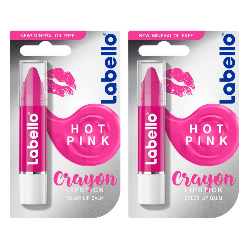 LABELLO Lipstick, Crayon Colour Lip Balm, Hot Pink, 2x3g