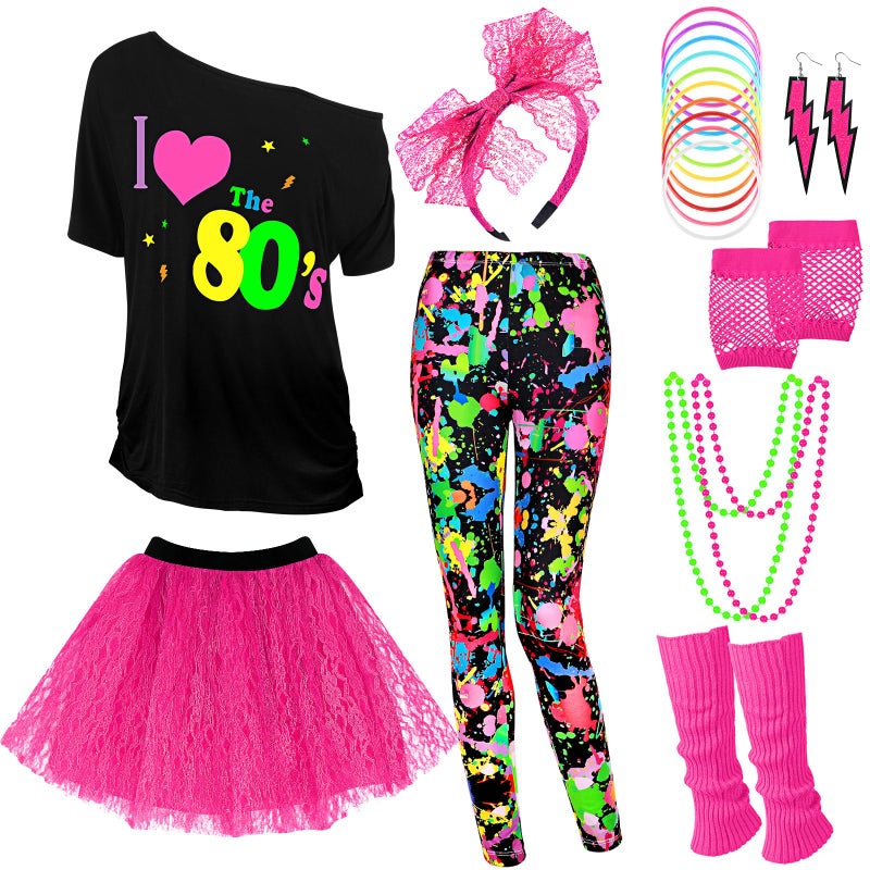 Vabean 19 Pcs 80s Costume Set T Shirt Leggings Tutu Skirt Headband Necklace Bracelets Earrings Gloves Leg Warmers for Women Colorful LeggingsLarge