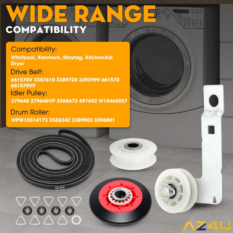 AZ4U 4392067 Dryer Repair Kit & W10837240 Dryer Idler Pulley With Bracket Replaces For Whirlpool Cabrio Duet, Kenmore, Maytag Bravos XL Dryer 661570 Dryer Belt, 279640 Idler Pulley, WPW10314173 Drum Roller - Image 3