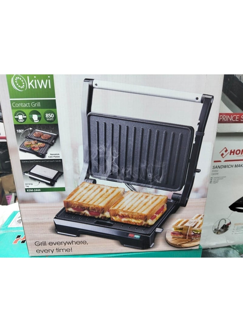 Kiwi Turkish-made 850W electric grill with non-stick plates for grilling meat, chicken, and sandwiches. Adjustable angle 90-180 degrees. Lock and overheat protection. Healthy and fast cooking. KSM-2444 - Image 5