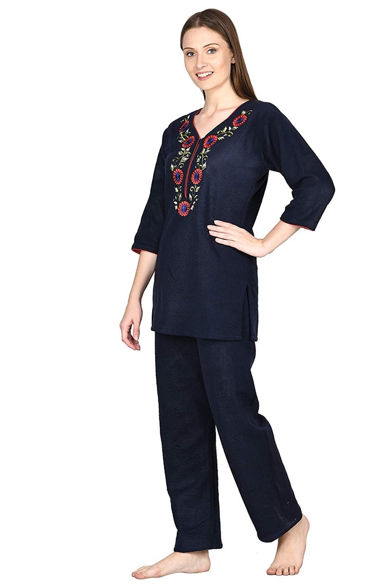 Noty Store Noty ® Girl's/Women's Woollen Fleece- Woolen/Winter- Night Suit-2 Pc Set (Navy Blue, Large) - Image 2