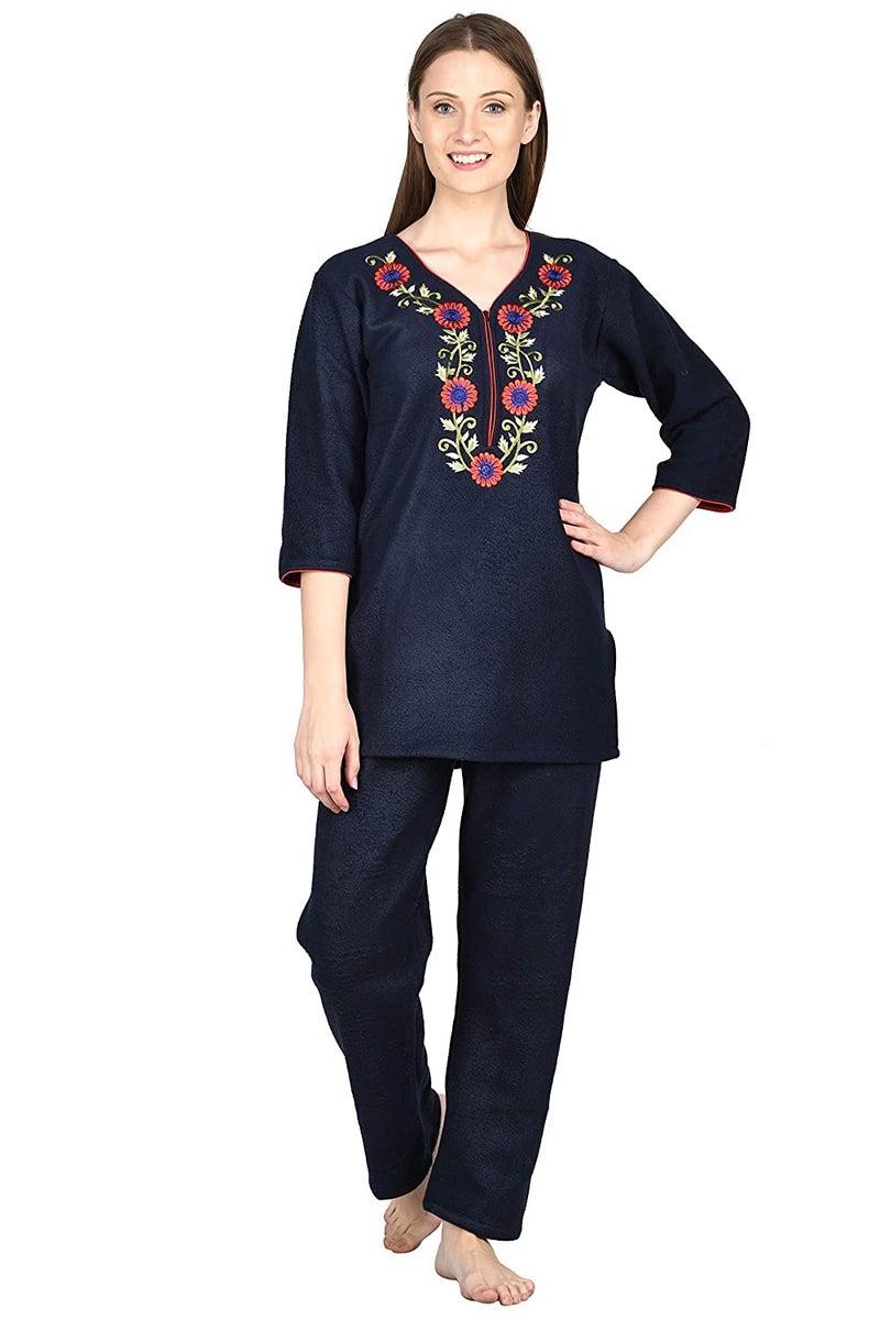 Noty Store Noty ® Girl's/Women's Woollen Fleece- Woolen/Winter- Night Suit-2 Pc Set (Navy Blue, Large) - Image 1