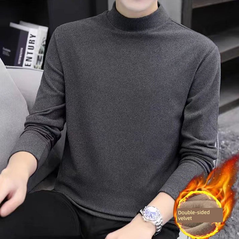 Long-sleeved t-shirt men's double-sided German velvet base shirt half-turtleneck solid color autumn and winter thick warm inner wear mid-collar autumn clothes - Image 3