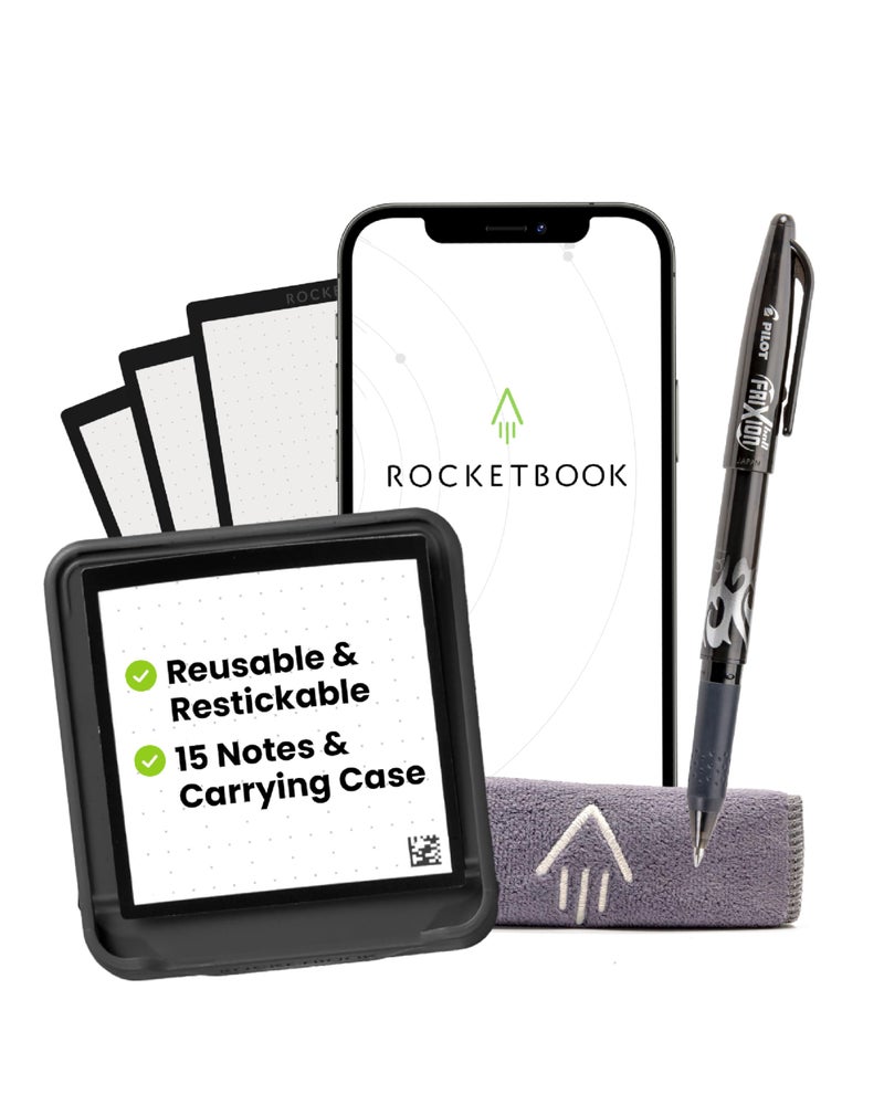 Rocketbook Reusable Sticky Notes Starter Pack Restick and Reorganize Memo Pads 3x3 15 Black Sticky Notes Includes Pen Towel Carrying Case Kit of 1 - Image 2