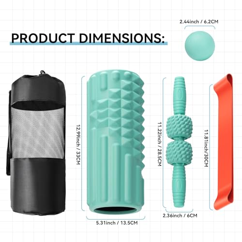 Zmarthumb 5 in 1 Foam Roller Set, High Density Fitness Exercise Foam Roller for Deep Tissue Muscle Massage, Massage Roller, Massage Ball, Resistance Band, for Whole Body(Tiffany Green) - Image 2