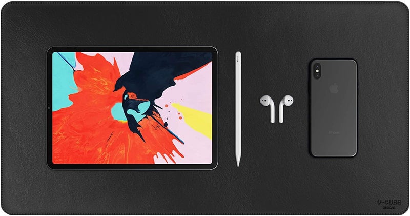 V-CUBE Designs Desk Mat|60X35cm|2.4mm Thick(Padded)|Premium Vegan Leather Laptop Mat/Extended Mouse Pad/Stitched, Reversible, Sturdy Deskspread | High Tear/Peel Strength|Anti-Slip,Splash-Proof| Black - Image 1
