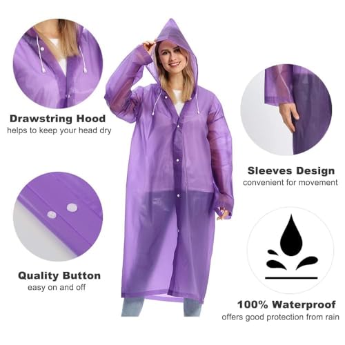 Opret 2 Pack Portable EVA Raincoats for Adults, Reusable Rain Ponchos with Hoods and Sleeves Lightweight, Perfect for Outdoor Activities, Purple - Image 3
