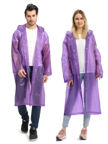 Opret 2 Pack Portable EVA Raincoats for Adults, Reusable Rain Ponchos with Hoods and Sleeves Lightweight, Perfect for Outdoor Activities, Purple - Image 1