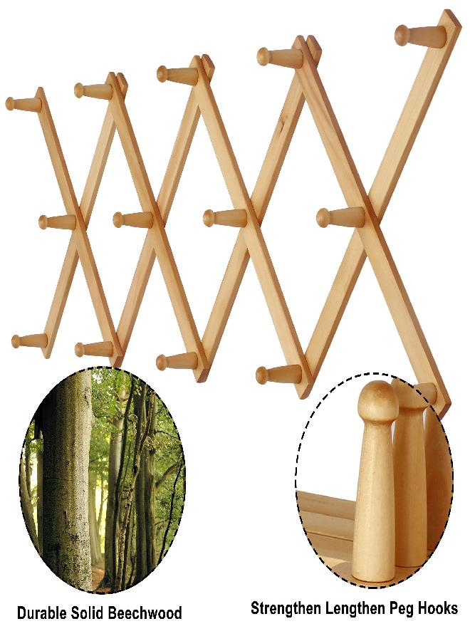 Dseap Dseap Accordian Wall Hanger: 16” High Wooden Wall Expandable Coat Rack, Hat Rack Holder, Accordion Hook for Baseball Caps, Coats, Mugs, 14 Peg Hooks, Natural - Image 2