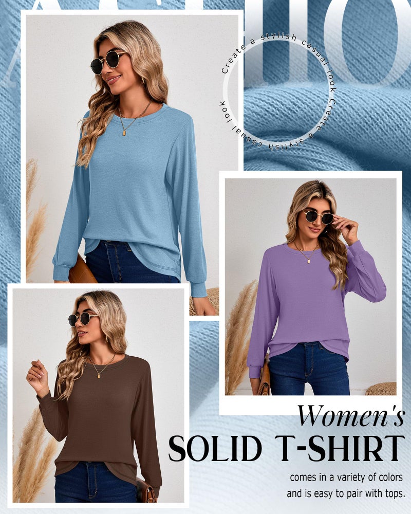 Ficerd 3 Pack Women's Long Sleeve Shirts, Cotton Crew Neck Tunic Tops Casual Loose Fit Pullover Sweatshirts Curved Hem Shirts(Red Brown, Light Purple, Sky Blue,Medium) - Image 5