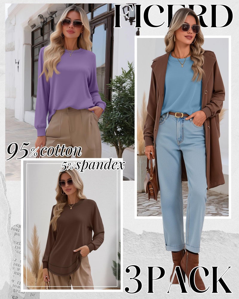 Ficerd 3 Pack Women's Long Sleeve Shirts, Cotton Crew Neck Tunic Tops Casual Loose Fit Pullover Sweatshirts Curved Hem Shirts(Red Brown, Light Purple, Sky Blue,Medium) - Image 2