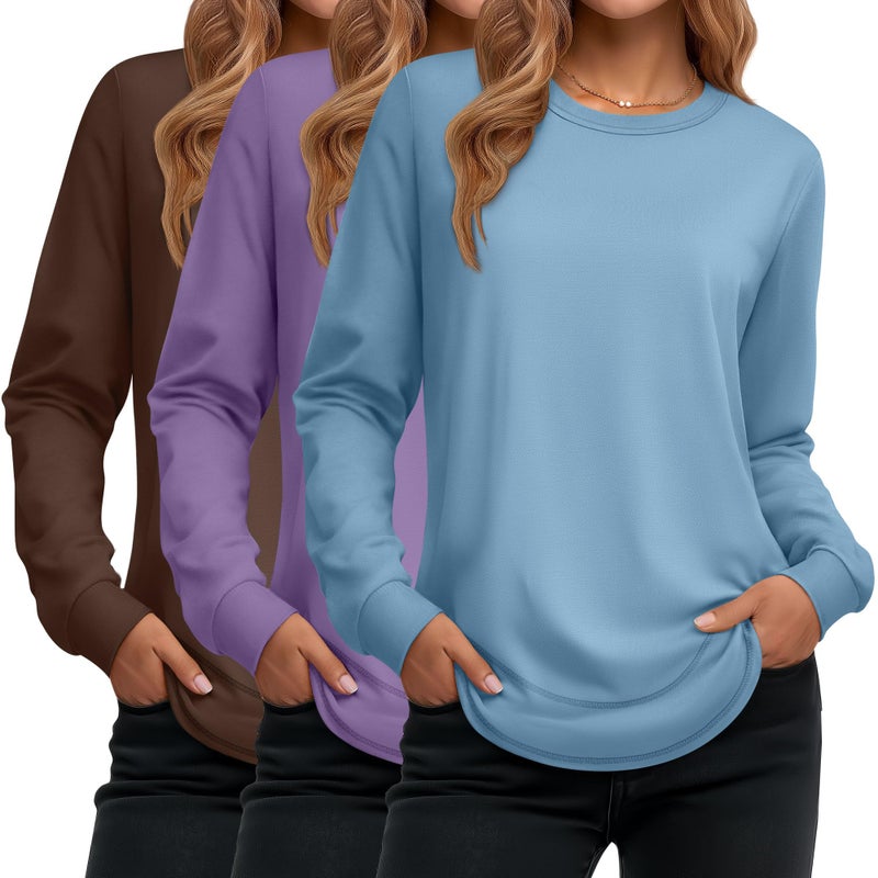 Ficerd 3 Pack Women's Long Sleeve Shirts, Cotton Crew Neck Tunic Tops Casual Loose Fit Pullover Sweatshirts Curved Hem Shirts(Red Brown, Light Purple, Sky Blue,Medium) - Image 1