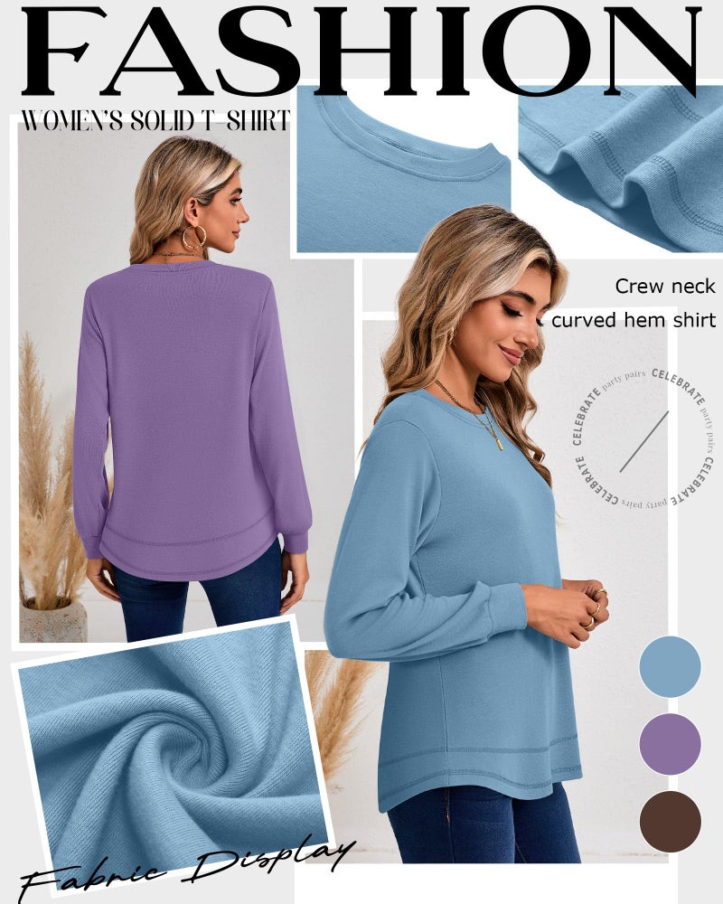 Ficerd 3 Pack Women's Long Sleeve Shirts, Cotton Crew Neck Tunic Tops Casual Loose Fit Pullover Sweatshirts Curved Hem Shirts(Red Brown, Light Purple, Sky Blue,Medium) - Image 4