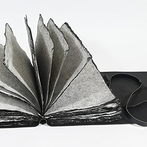 Modest Goods Vintage Black Leather Journal - 200 Pages Gray Deckle Edge Rustic Paper, Unlined Pages Book of Shadows, Grimoire, Junk Notebook, Fantasy Medieval Gifts, Sketchbook, Scrapbook (Raven Black, 12"x9") - Image 2