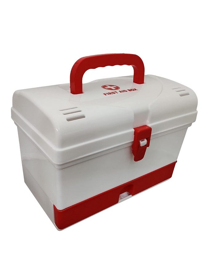 HOME CUBE HOME CUBE 1 Pc Multifunction Portable Medicine Organizer Storage Plastic Box, Medical Box, Multi Purpose Box With Extra Drawer Handle for Home Office Camping Travel etc- White/Red, Rectangular  - Image 1